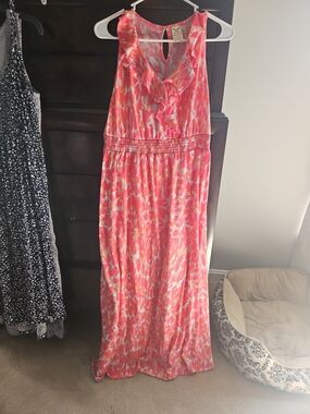 Faded Glory Coral Pink Printed Ruffled Maxi Dress